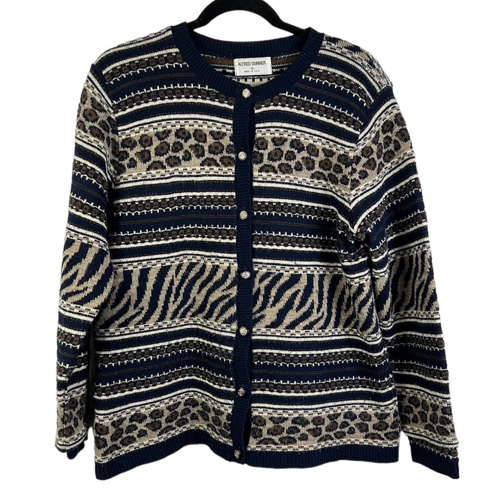 Alfred Dunner Full Button Women's Cardigan Sweater Navy Beige Brown Multi Print